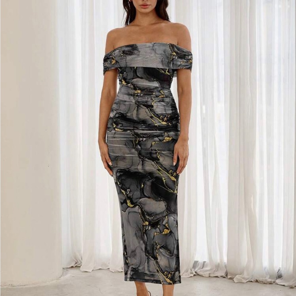 SHEIN Romantic Bodycon Off Shoulder Mesh Floral Printed Maxi Dress